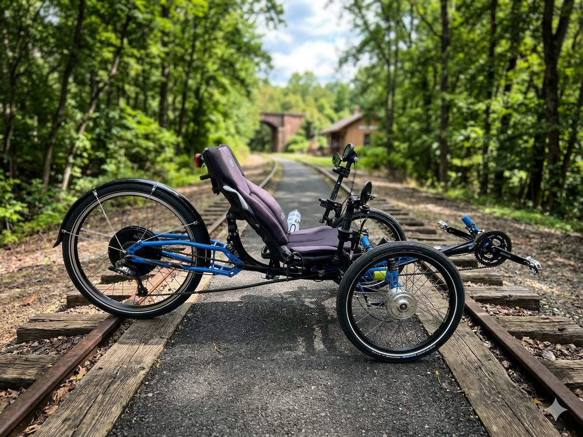 ICE Adventure trike with a Falco f7.9 motor wheel on a rail trail